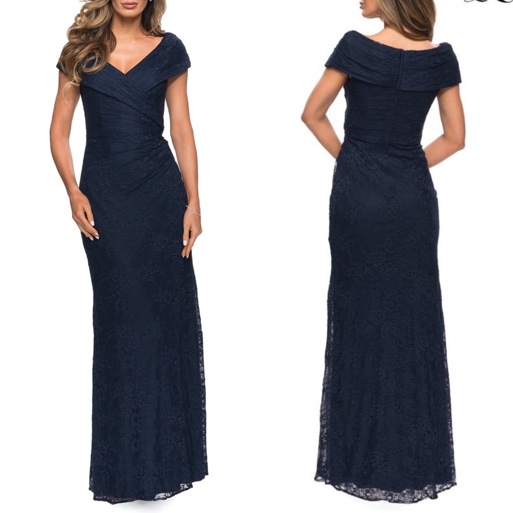 NEW LA FEMME Navy PORTRAIT NECK Ruched Waist SPARKLE LACE Trumpet EVENING GOWN 8